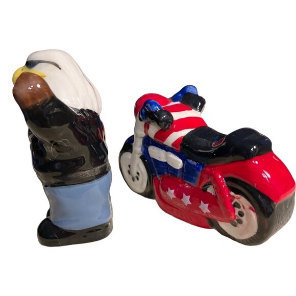 Ceramic Bald Eagle & Motorcycle Salt & Pepper Shakers - Picture 8 of 16